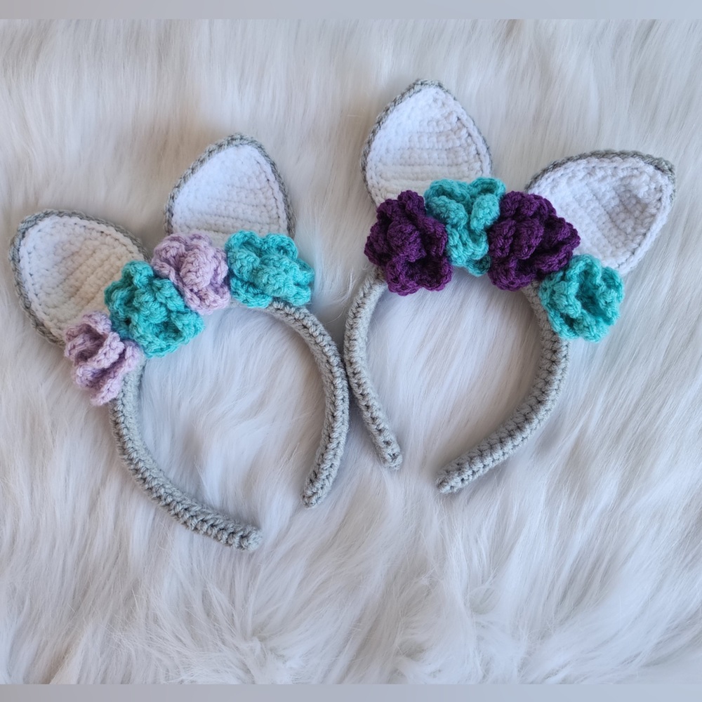 Women and girls bunny ear flower headband hand crafted crochet hair accessory